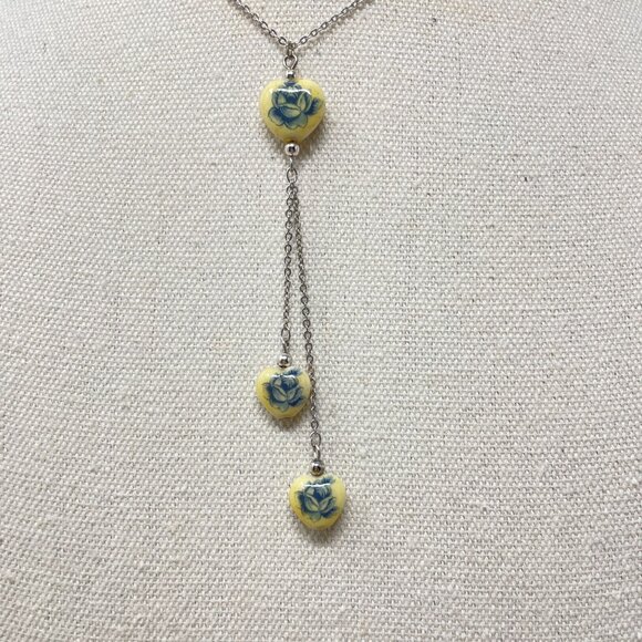 Vintage Japan Necklace & Bracelet Set Blue Rose Y-Drop Chain Dainty Heart - Picture 3 of 13